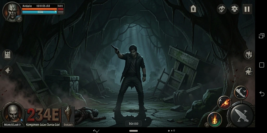 Gambaran menegangkan gameplay dari 234E di dunia kegelapan.