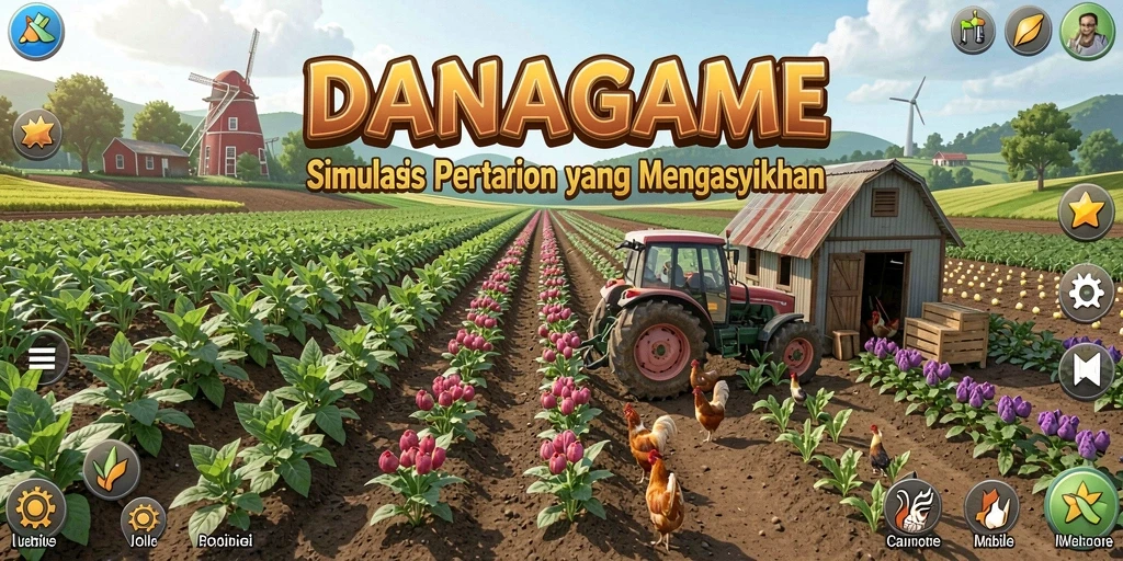 Screenshot utama <strong>DANAGAME</strong> menampilkan aktivitas bertani yang seru dan interaktif.