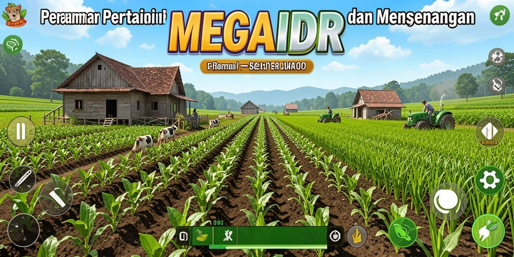 Screenshot gameplay MEGAIDR menampilkan peternakan yang subur dan aktivitas pertanian yang seru.