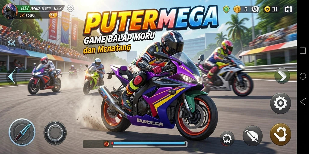 Tangkapan layar utama PUTERMEGA menampilkan aksi balap motor yang mendebarkan.