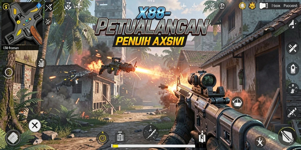 Screenshot utama X88 menampilkan aksi seru dalam gameplay FPS yang mendebarkan.